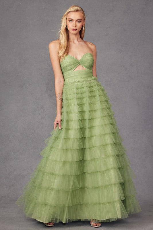 Preview Only - 2026 Sage Green Strapless Keyhole Tiered Ruffle Gownđ¤-Market Grey Boutique