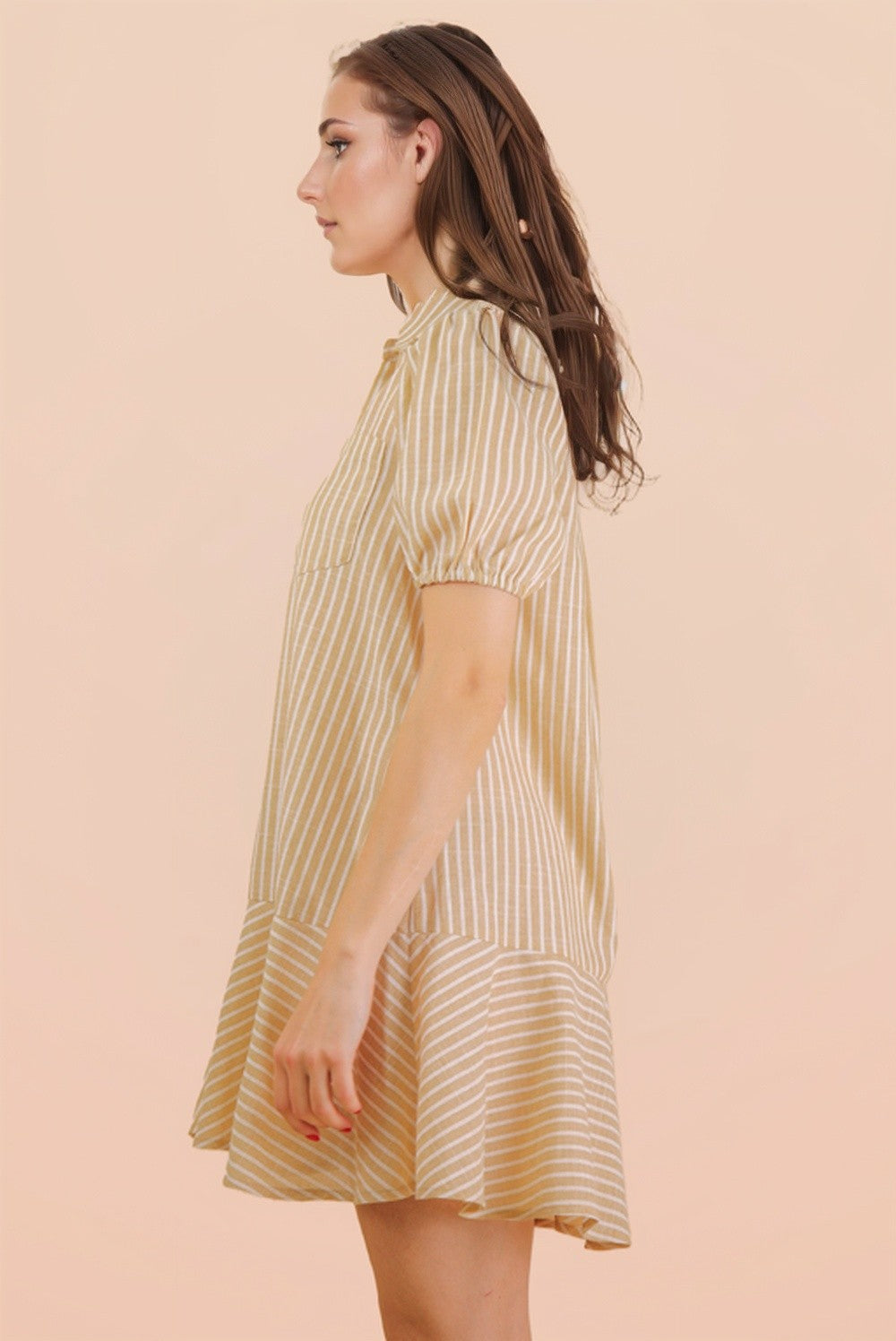 Cappuccino Cream Striped Puff Sleeve Mini Dress-Market Grey Boutique