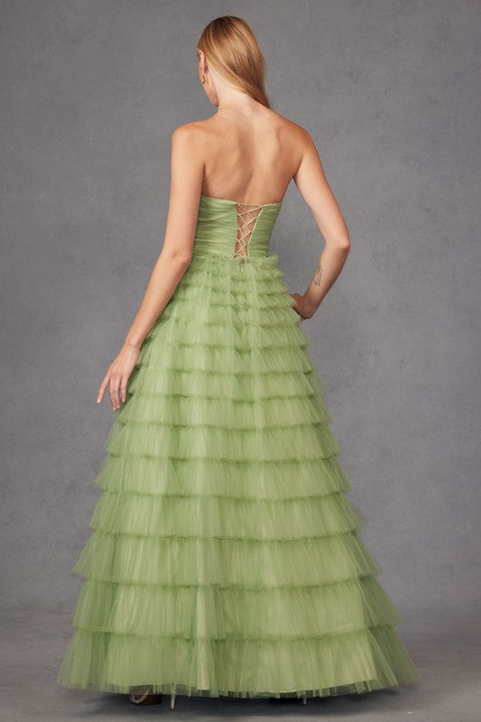 Preview Only - 2026 Sage Green Strapless Keyhole Tiered Ruffle Gownđ¤-Market Grey Boutique