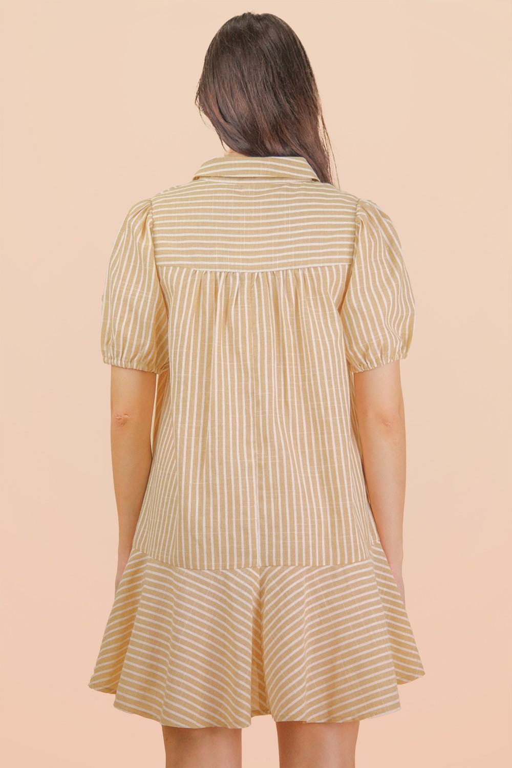 Cappuccino Cream Striped Puff Sleeve Mini Dress-Market Grey Boutique