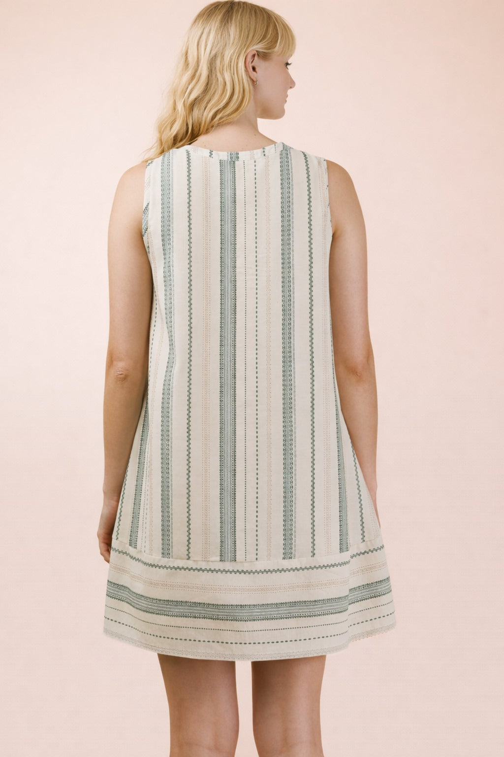 Beige/Green Striped Woven Mini Dress