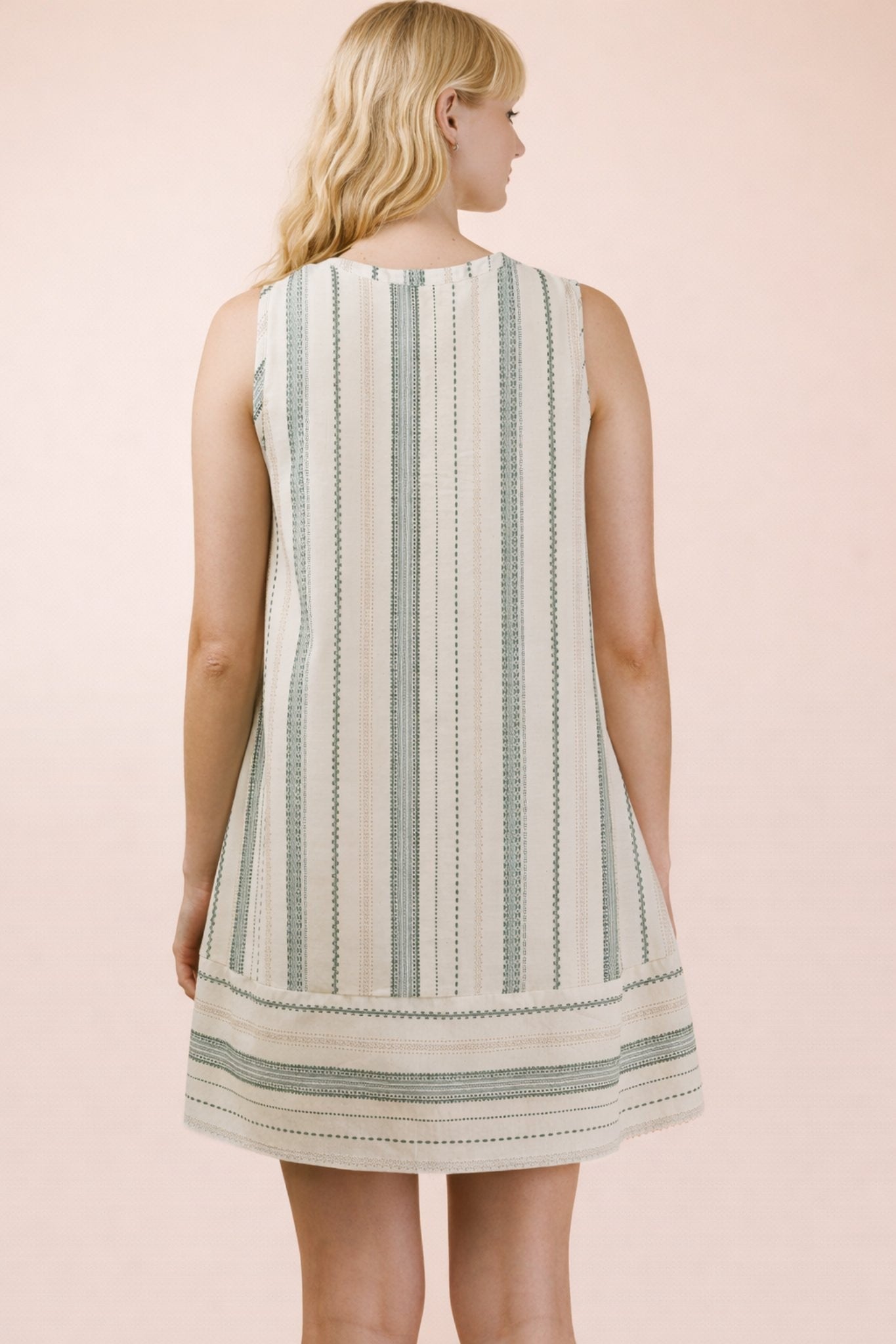Beige/Green Striped Woven Mini Dress
