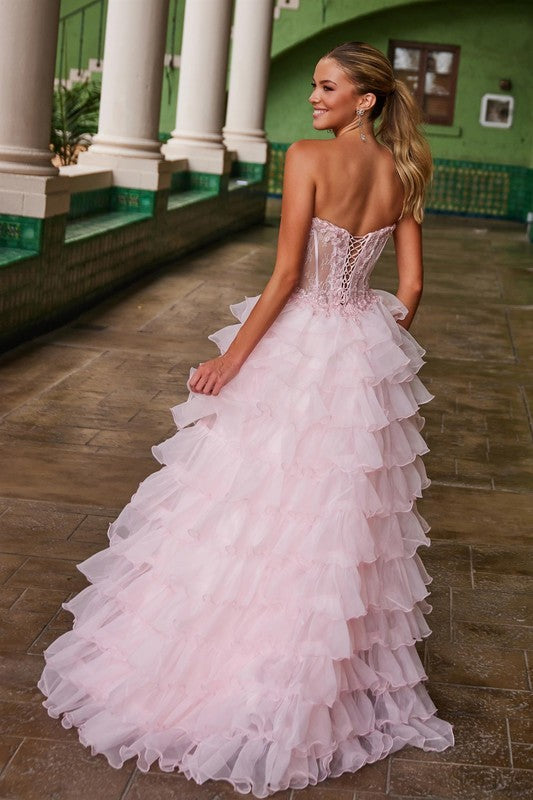 Preview Only - 2026 Pink Tiered Strapless Ruffled Gown🤍