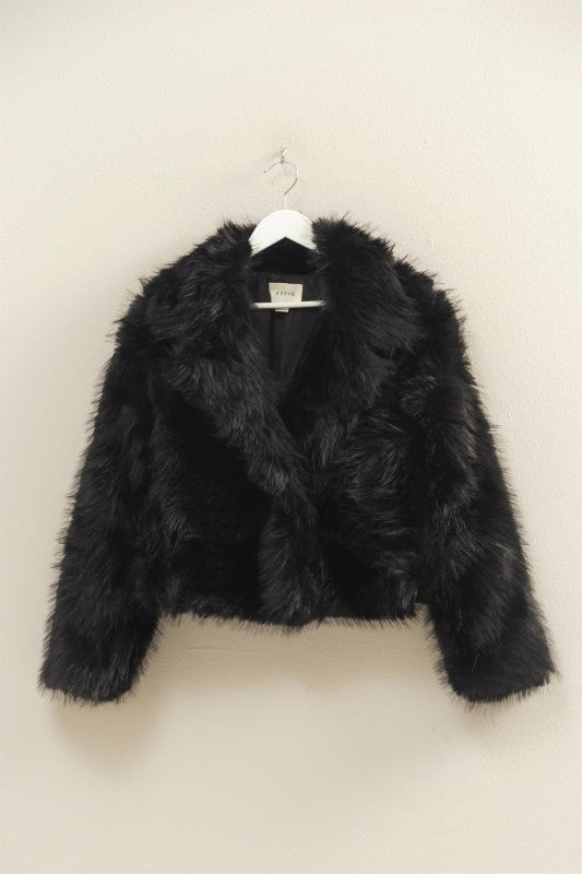 Black Shawl Collar Faux Fur Jacket-Market Grey Boutique