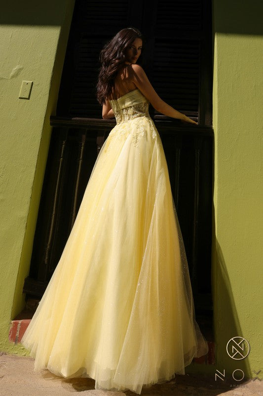 2026 Lemon Applique Strapless A-line Gown-Market Grey Boutique