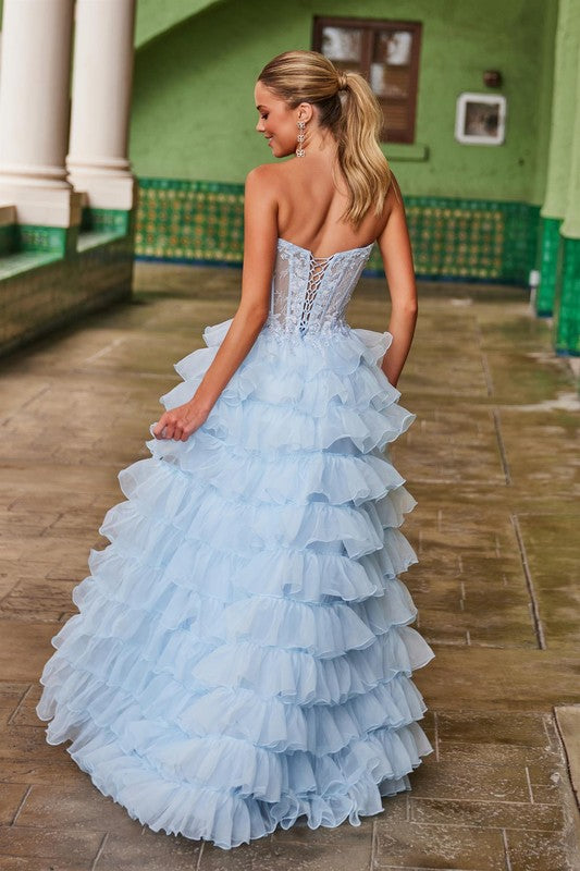 Preview Only - 2026 Light Blue Tiered Strapless Ruffled Gown🤍