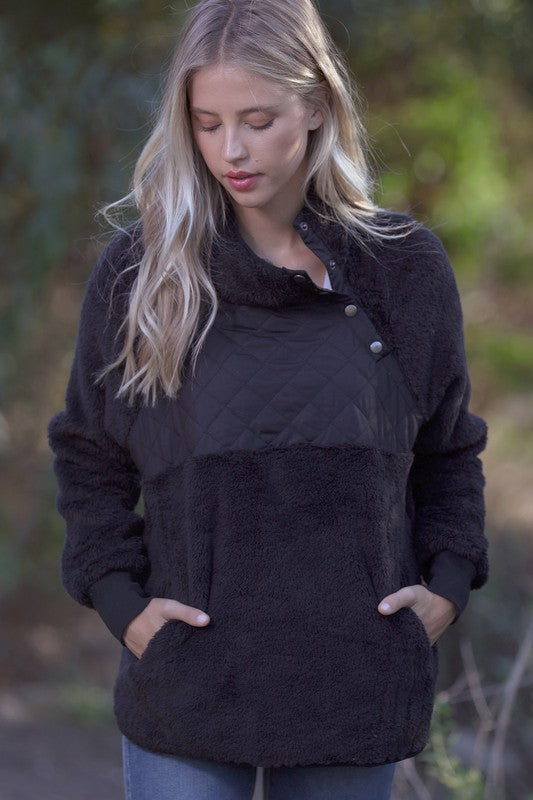 FAUX FUR QUILTED DETAIL PULLOVER with POCKET FRONT