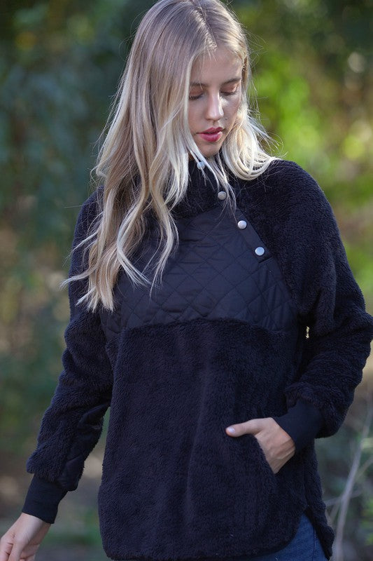 FAUX FUR QUILTED DETAIL PULLOVER with POCKET FRONT