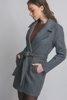 Grey Belted Wrap Dress Coat
