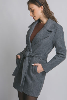 Grey Belted Wrap Dress Coat