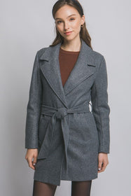 Grey Belted Wrap Dress Coat