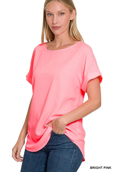 BRIGHT PINK WOVEN HEAVY DOBBY BOAT NECK TOP