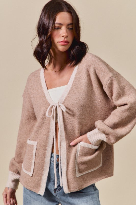 Ribbon Tie Contrast Cardigan
