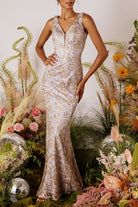 2025 Pewter/Gold Sequin Embellishment Fitted Gown🤍-Market Grey Boutique