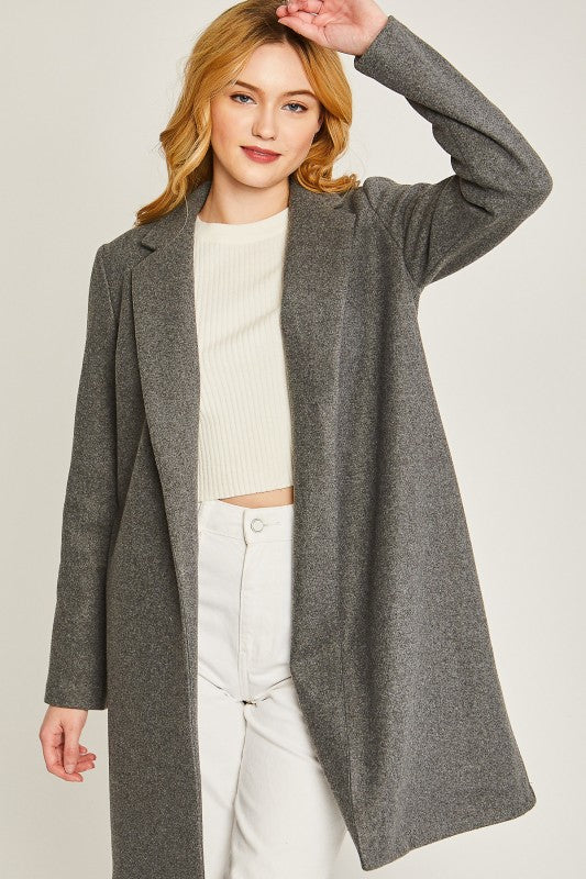 Grey Long Line Fleece Open Coat