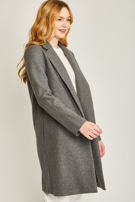 Grey Long Line Fleece Open Coat