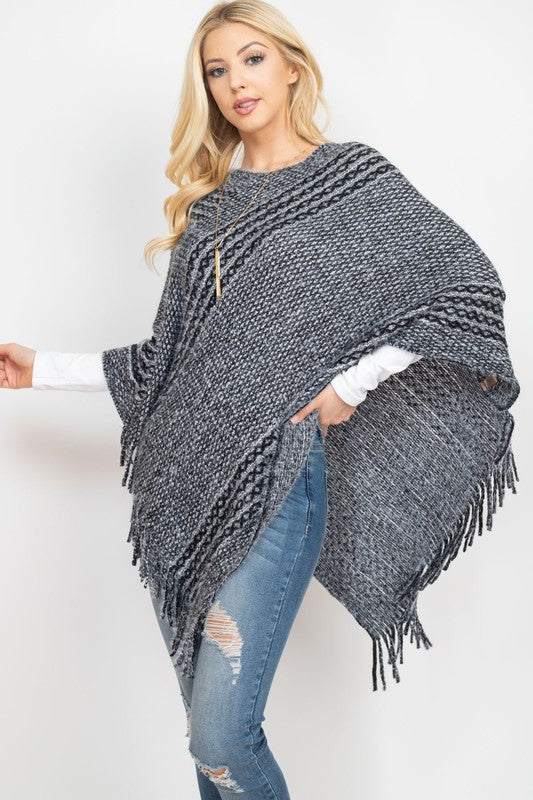 STRIPED KNIT TASSEL PONCHO