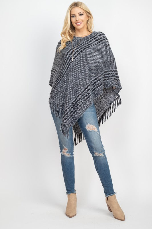 STRIPED KNIT TASSEL PONCHO