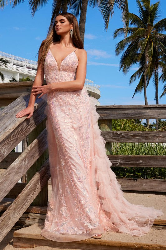 2025 PINK IRIDESCENT SEQUIN APPLIQUE RUFFLE GOWN🤍