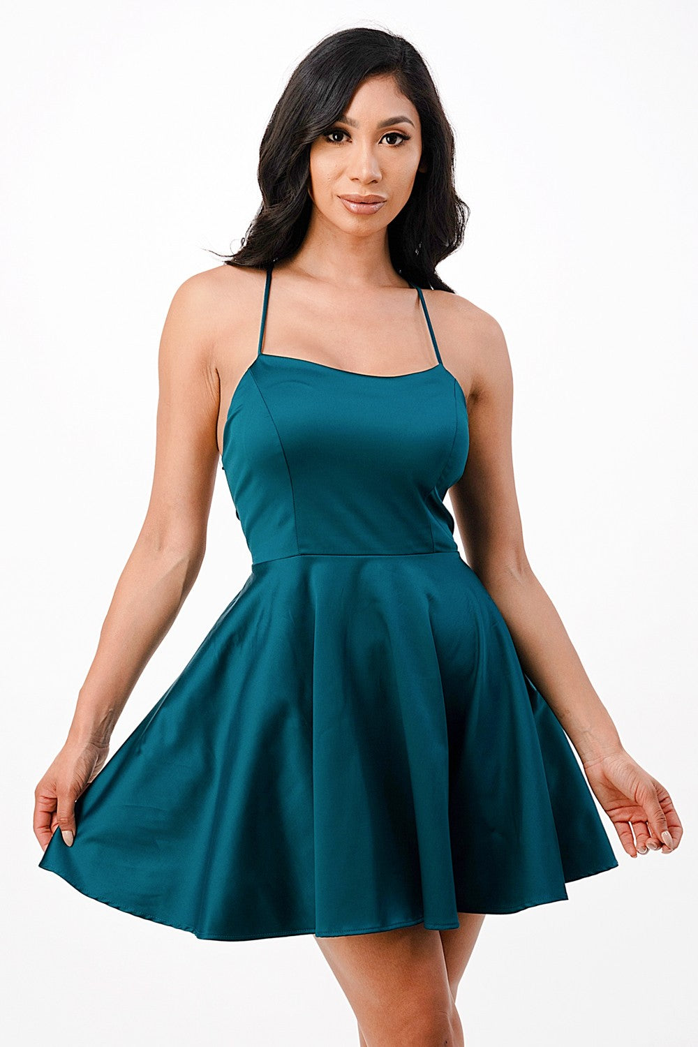 Teal Blue Satin Homecoming Cocktail Dress-Market Grey Boutique