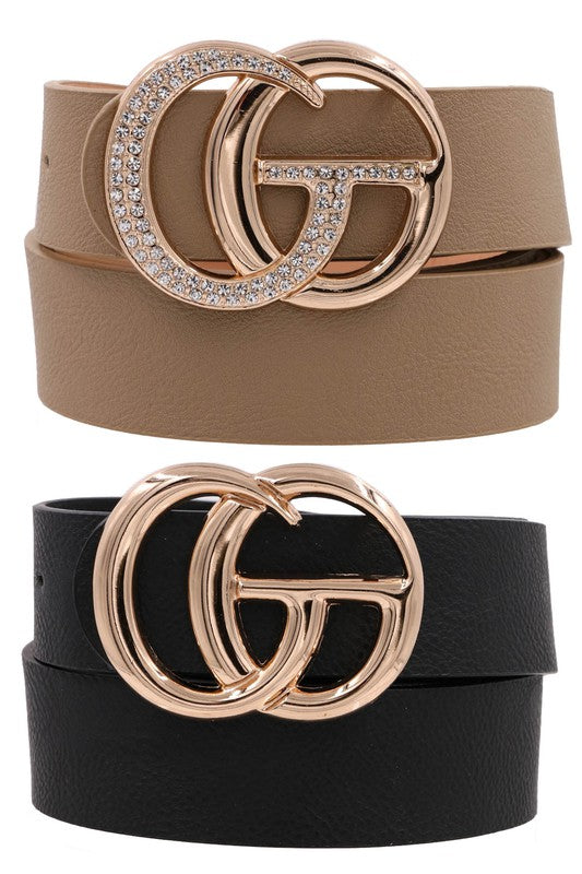 Black and Taupe Rhinestone Metal Buckle Faux Leather Belt