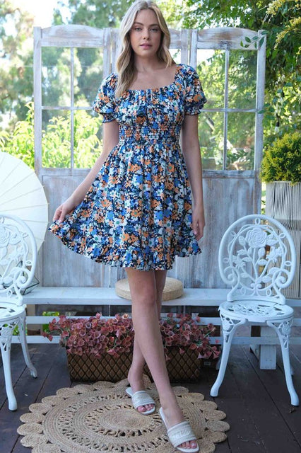 Floral Printed Dress with Ruched Chest