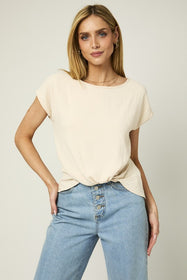 Taupe Top With a Twist Hem Detail