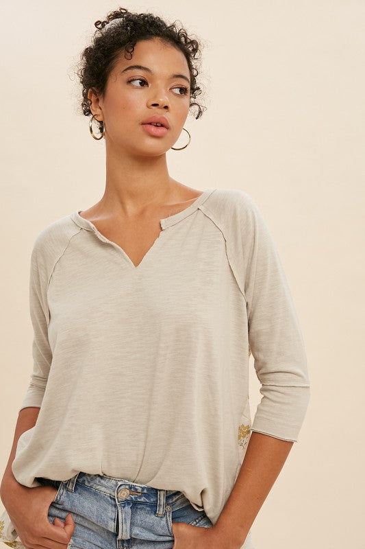 Curvy Ivory Contrast 3/4 Sleeve Tee-Market Grey Boutique