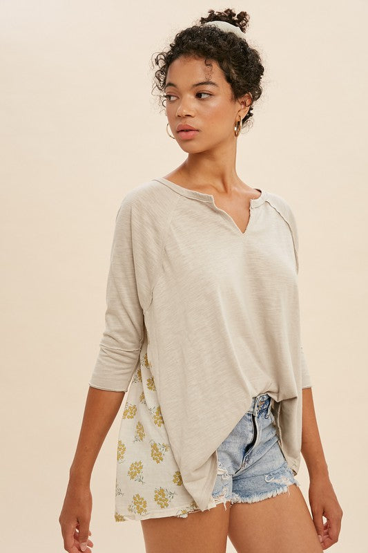 Curvy Ivory Contrast 3/4 Sleeve Tee-Market Grey Boutique