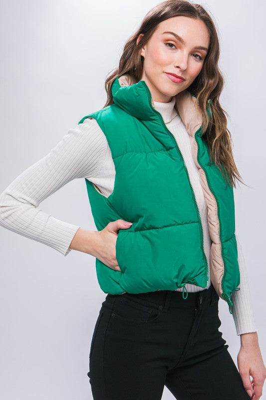 Green Reversible Stand Collar Cropped Puff Vest