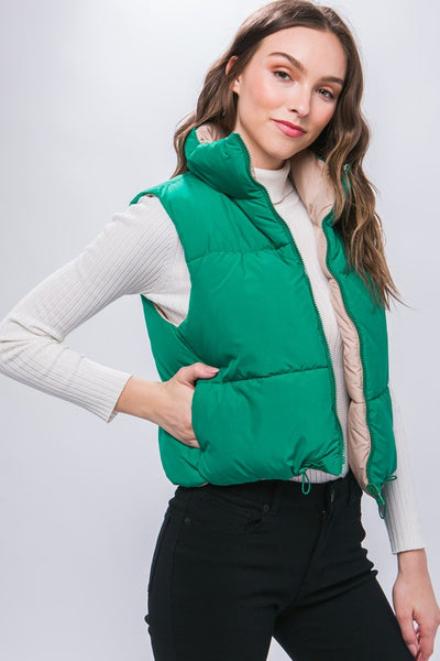 Green Reversible Stand Collar Cropped Puff Vest