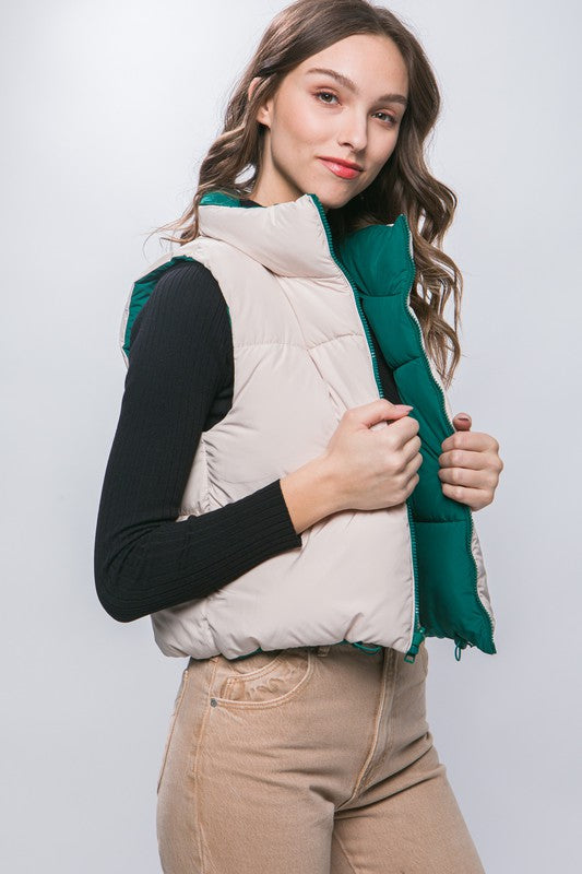 Green Reversible Stand Collar Cropped Puff Vest