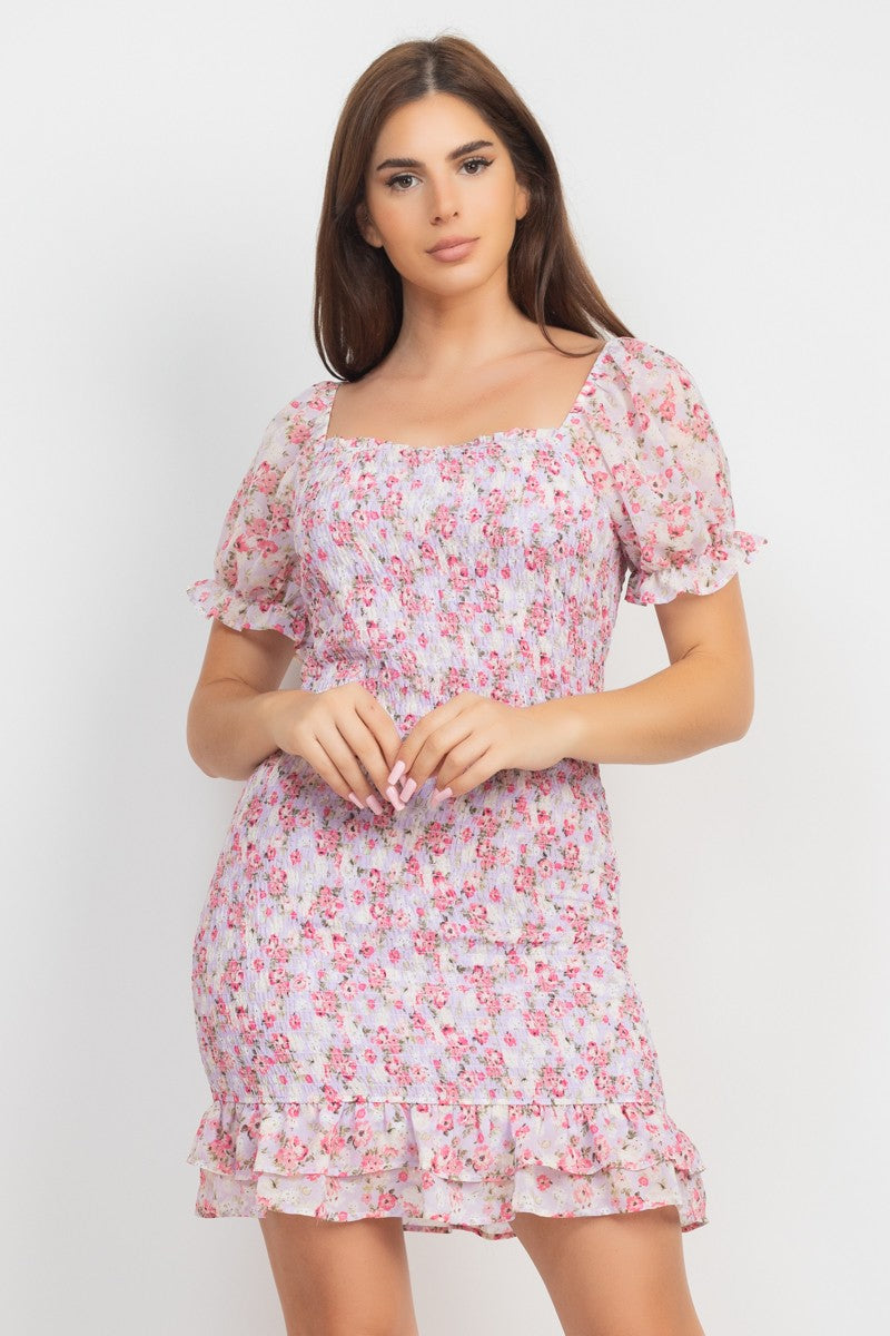 Floral Smocked Ruffle Dress-Market Grey Boutique