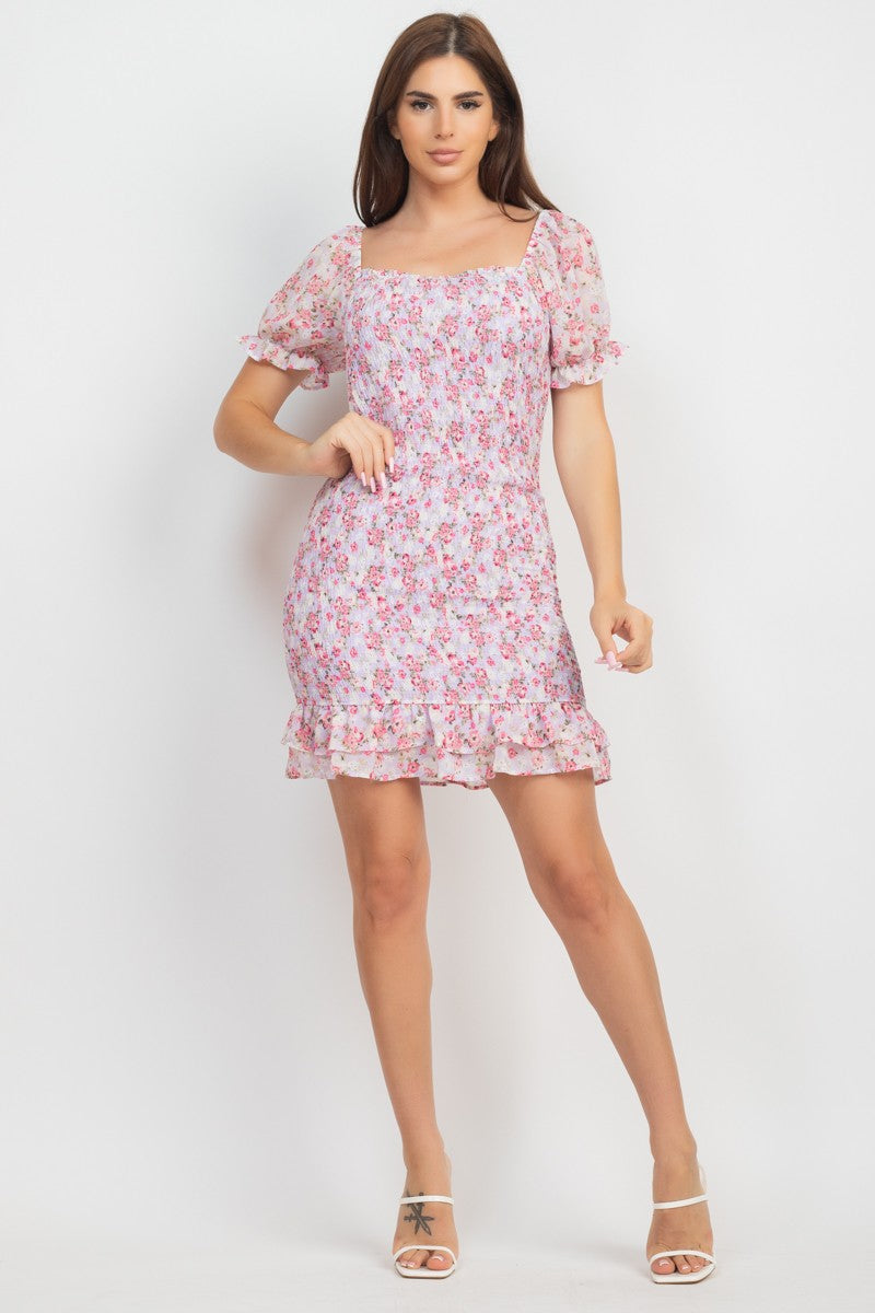 Floral Smocked Ruffle Dress-Market Grey Boutique