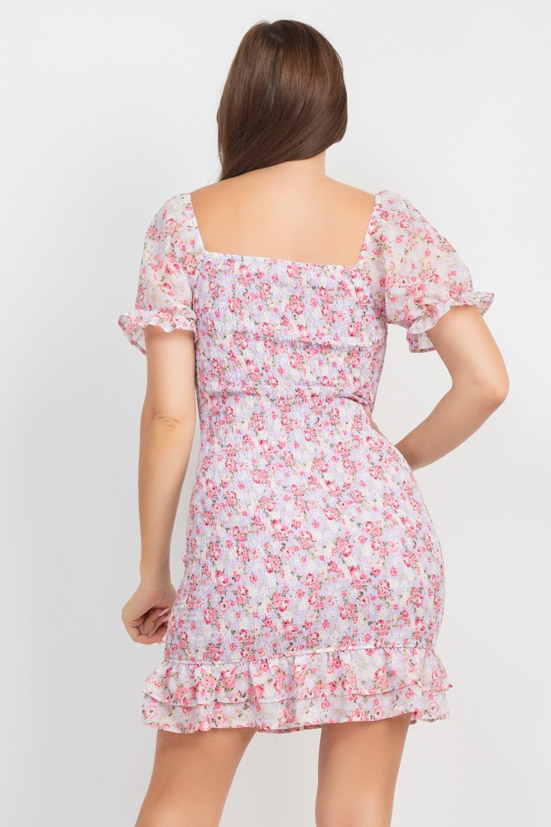 Floral Smocked Ruffle Dress-Market Grey Boutique