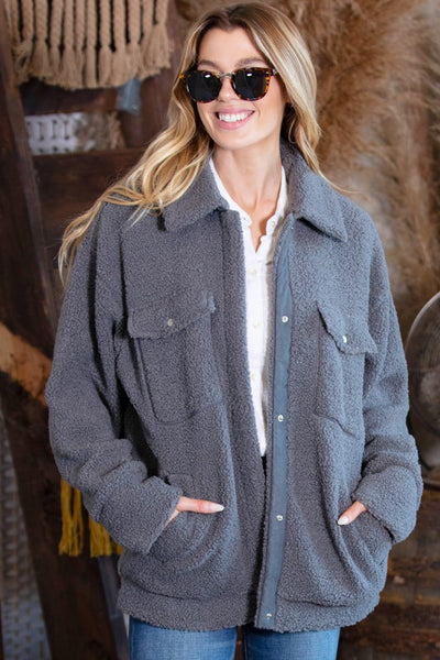 OVERSIZE FLEECE JACKET WITH POCKETS SNAP BUTTONS