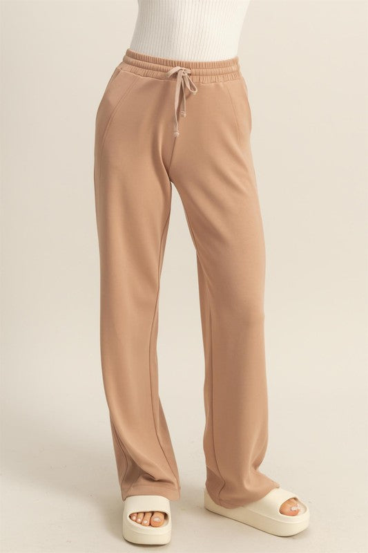 Beige Drawstring Straight-Cut Leisure Pants