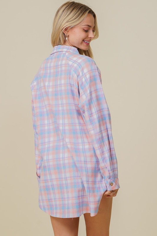 Pink/Blue Plaid Oversized Button Down