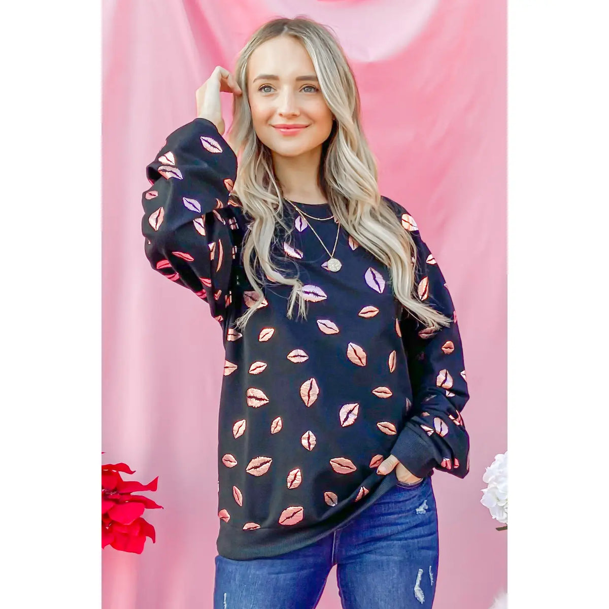 Black Kiss Pink Foil Sweatshirt-Market Grey Boutique