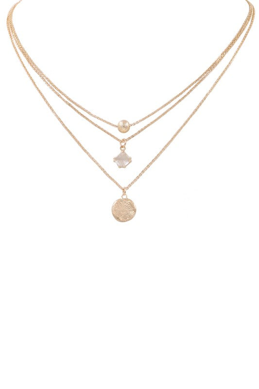 Worn Gold Chain Layered Glass Jewel Teardrop Necklace