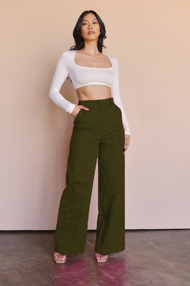 OLIVE HIGH WAISTED CARGO WIDE LEG PANTS