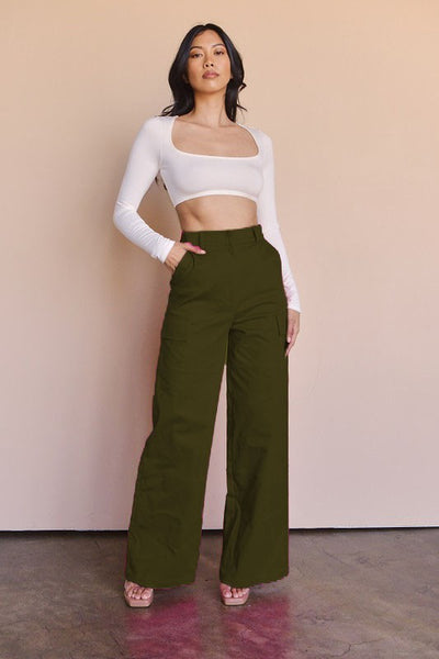 OLIVE HIGH WAISTED CARGO WIDE LEG PANTS
