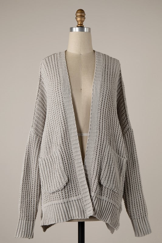 Chenille Bluish-Grey Cable Knit Cardigan