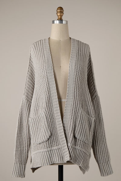 Chenille Bluish-Grey Cable Knit Cardigan