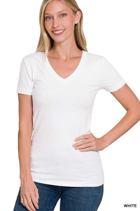 WHITE BASIC COTTON V-NECK TEE