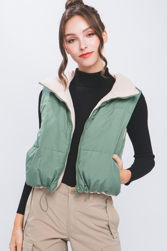 Olive Reversible Stand Collar Cropped Puff Vest