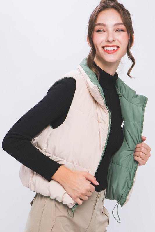 Olive Reversible Stand Collar Cropped Puff Vest