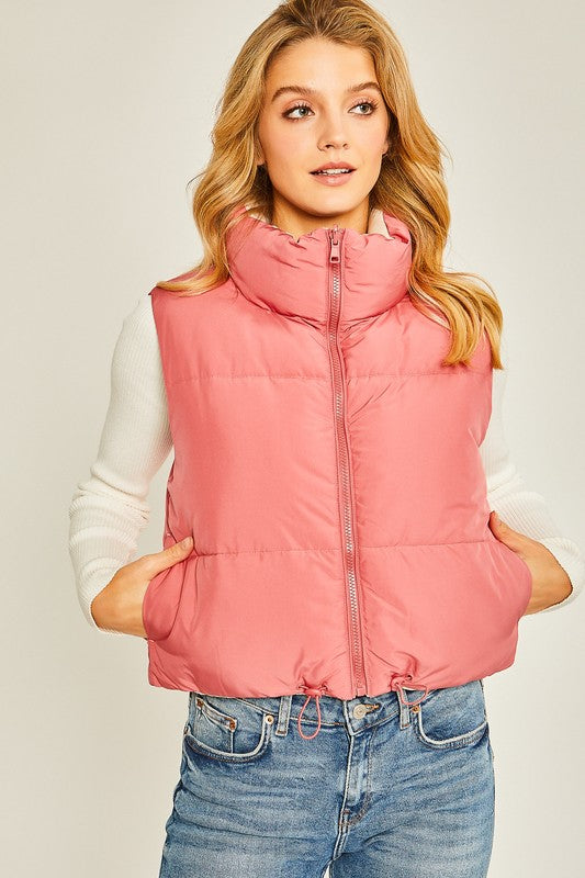 Hibiscus Reversible Stand Collar Cropped Puff Vest