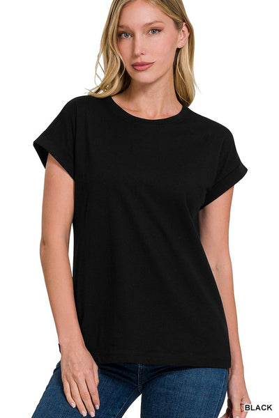 BLACK ROUND NECK FOLDED SLEEVE TEE