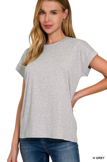 GREY ROUND NECK FOLDED SLEEVE TEE